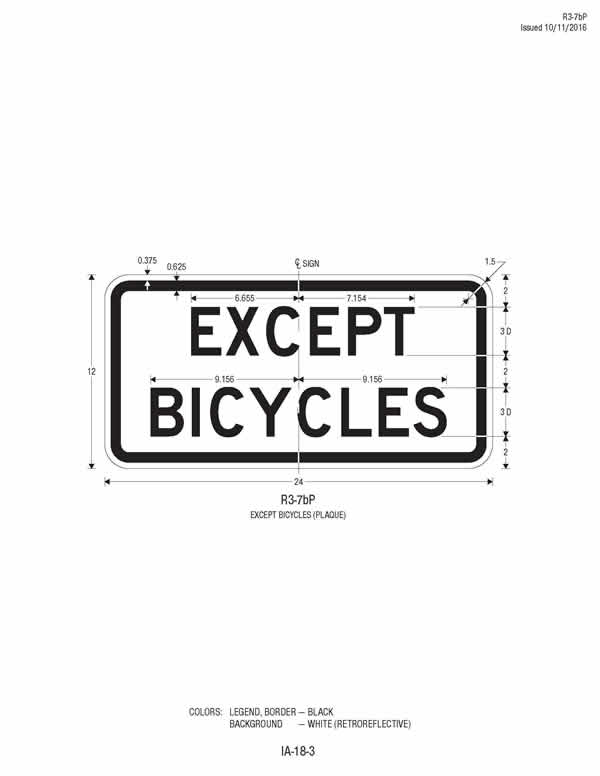 This figure shows the design and fabrication details, including dimensions, for the EXCEPT BICYCLES (R3-7bP) word message plaque. This sign is shown as a horizontal rectangle and has a white background with a black legend and border.