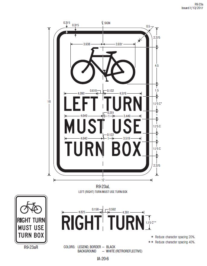 This figure shows the design and fabrication details, including dimensions, for the LEFT (RIGHT) TURN MUST USE TURN BOX (R9-23aL(R)) sign. This sign is shown as a vertical rectangle and has a white background with a black legend and border.